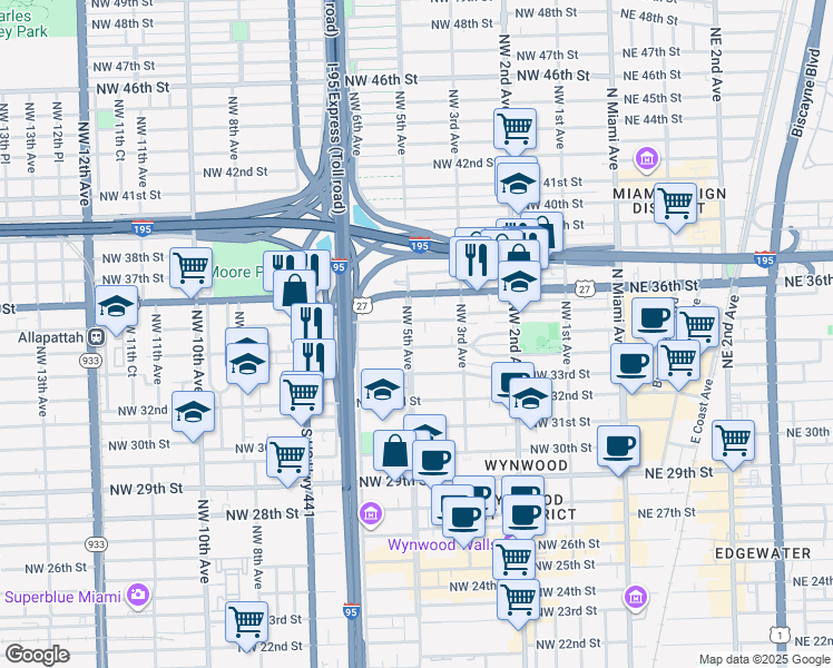 map of restaurants, bars, coffee shops, grocery stores, and more near in Miami