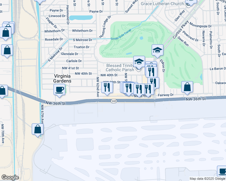 map of restaurants, bars, coffee shops, grocery stores, and more near 6002 Northwest 38th Street in Virginia Gardens