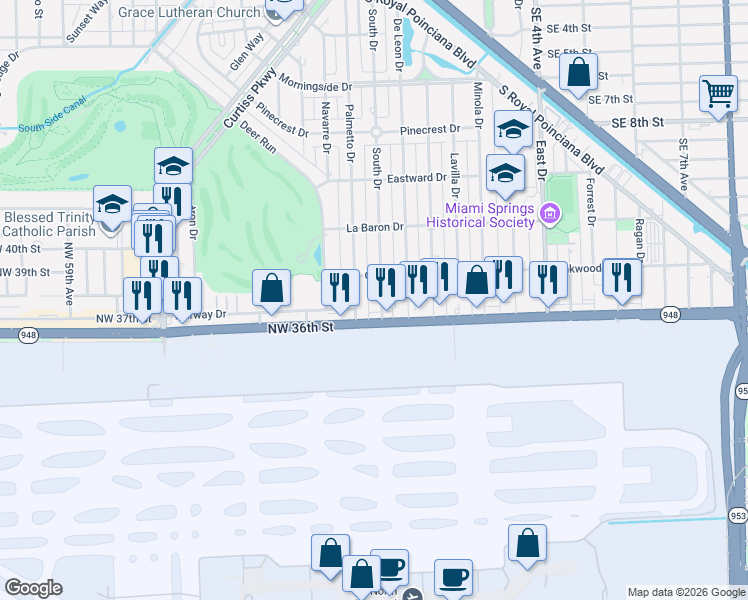 map of restaurants, bars, coffee shops, grocery stores, and more near 632 South Drive in Miami Springs