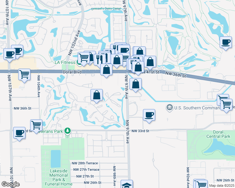 map of restaurants, bars, coffee shops, grocery stores, and more near 3868 Alcantara Avenue in Doral
