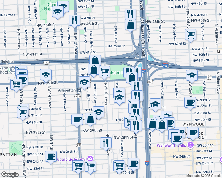 map of restaurants, bars, coffee shops, grocery stores, and more near 3445 Northwest 9th Court in Miami