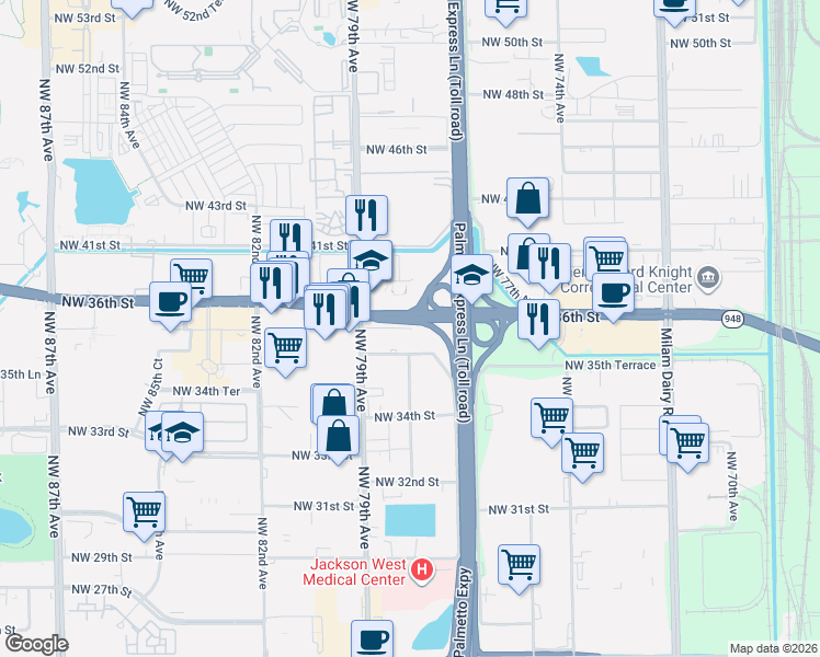 map of restaurants, bars, coffee shops, grocery stores, and more near 6160 Northwest 78th Avenue in Doral