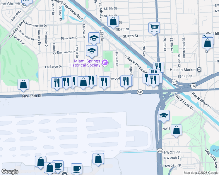 map of restaurants, bars, coffee shops, grocery stores, and more near 661 East Drive in Miami Springs