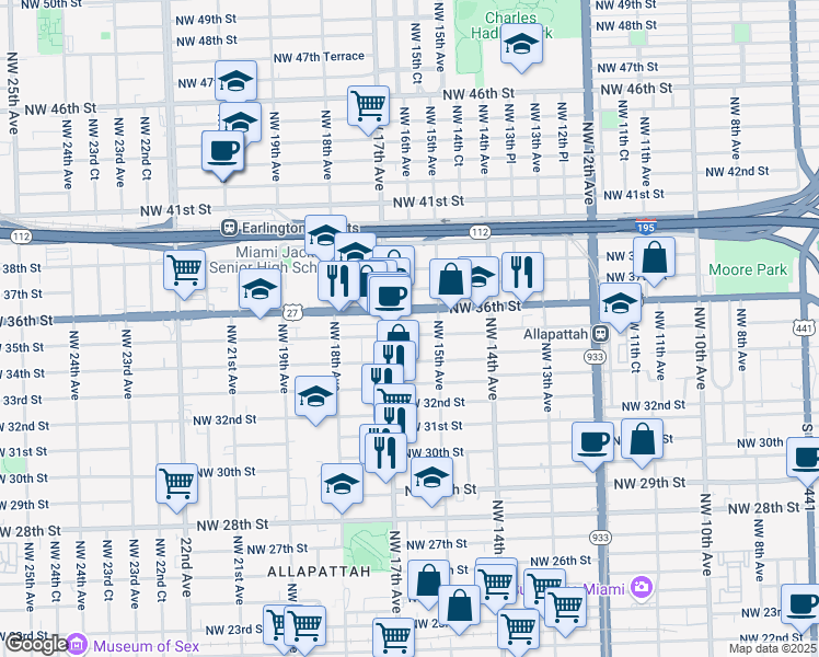 map of restaurants, bars, coffee shops, grocery stores, and more near 1601 Northwest 35th Street in Miami