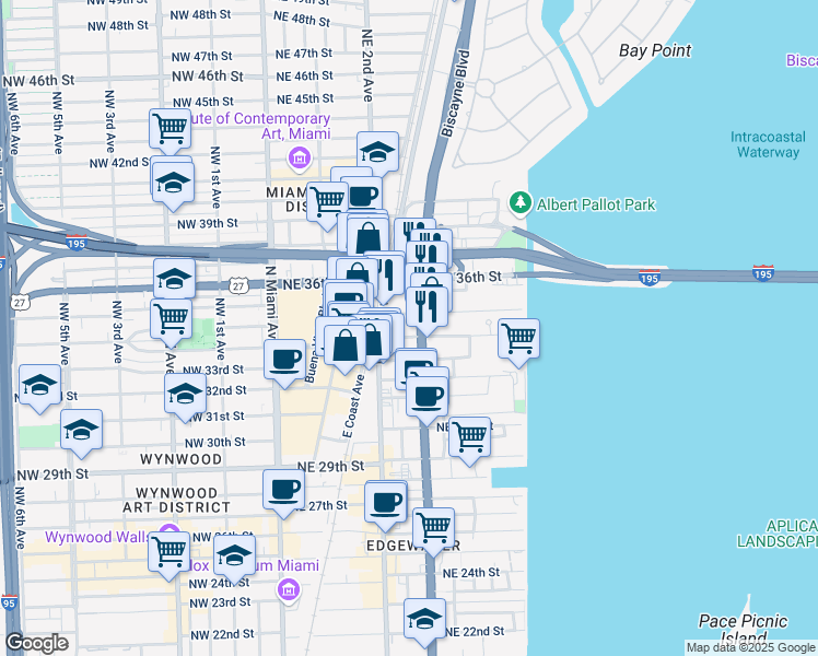 map of restaurants, bars, coffee shops, grocery stores, and more near 3400 Biscayne Boulevard in Miami