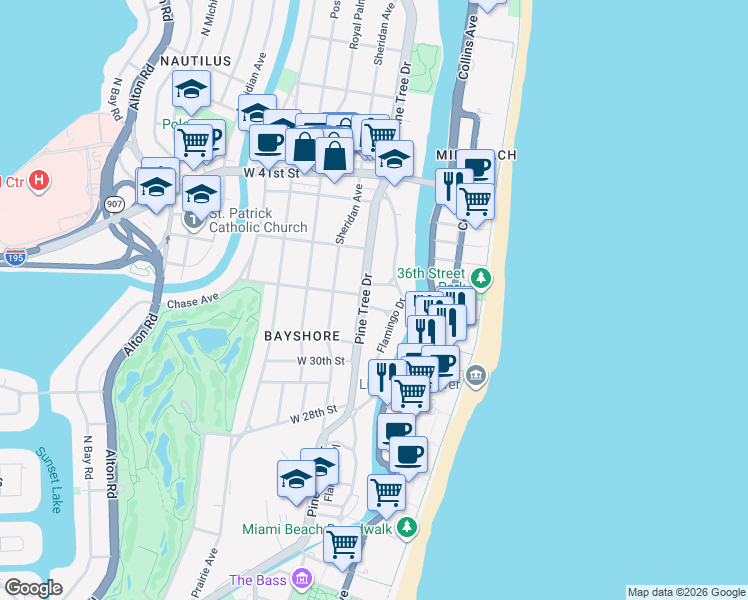 map of restaurants, bars, coffee shops, grocery stores, and more near 275 West 33rd Street in Miami Beach