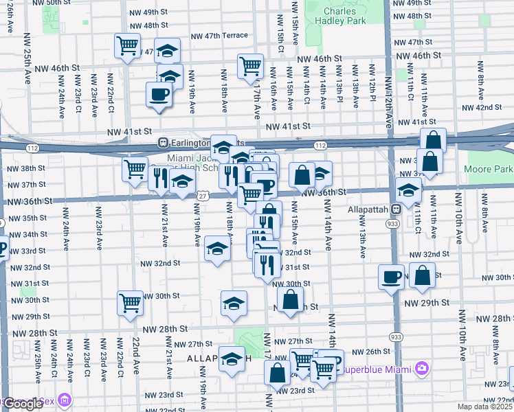 map of restaurants, bars, coffee shops, grocery stores, and more near 1726 Northwest 36th Street in Miami