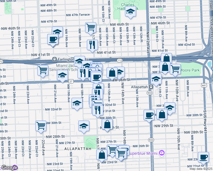 map of restaurants, bars, coffee shops, grocery stores, and more near 1481 Northwest 35th Street in Miami