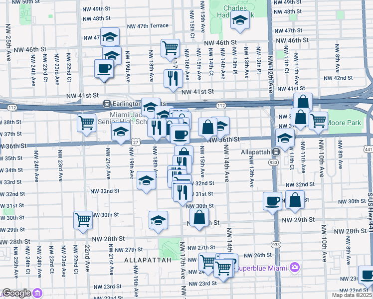 map of restaurants, bars, coffee shops, grocery stores, and more near 1601 Northwest 35th Street in Miami