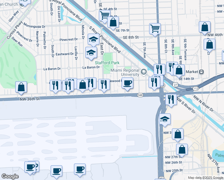 map of restaurants, bars, coffee shops, grocery stores, and more near 688 Forrest Drive in Miami Springs
