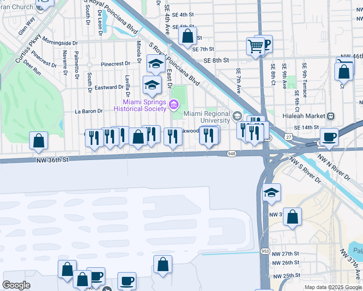 map of restaurants, bars, coffee shops, grocery stores, and more near 661 East Drive in Miami Springs