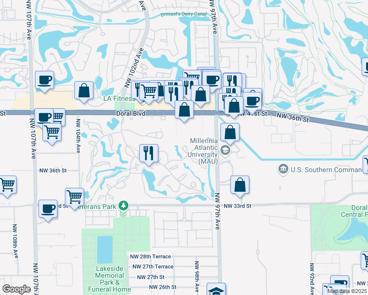 map of restaurants, bars, coffee shops, grocery stores, and more near 3722 Barcelona Loop in Doral