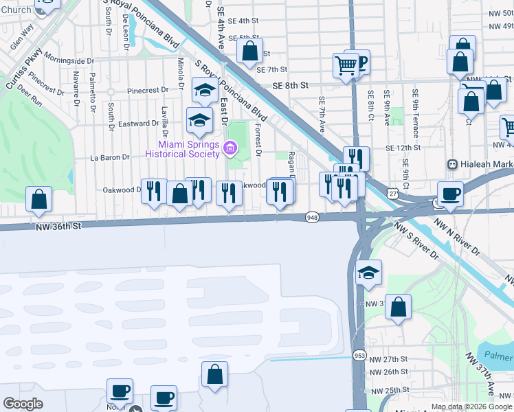 map of restaurants, bars, coffee shops, grocery stores, and more near 688 Forrest Drive in Miami Springs