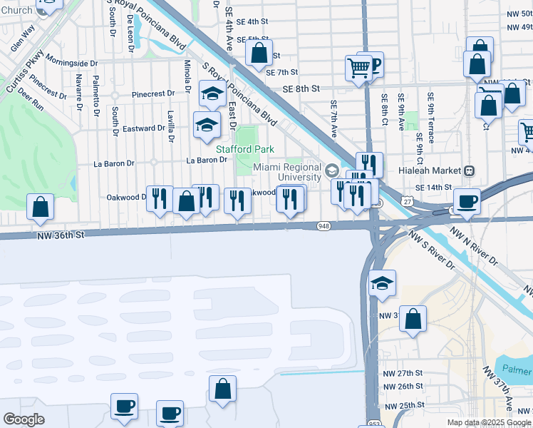 map of restaurants, bars, coffee shops, grocery stores, and more near 688 Forrest Drive in Miami Springs