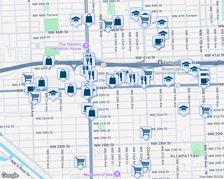 map of restaurants, bars, coffee shops, grocery stores, and more near 2450 Northwest 36th Street in Miami