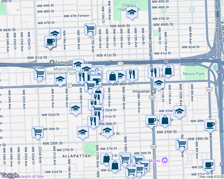 map of restaurants, bars, coffee shops, grocery stores, and more near 1481 Northwest 35th Street in Miami