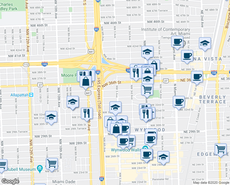 map of restaurants, bars, coffee shops, grocery stores, and more near 3430 Northwest 5 Avenue in Miami