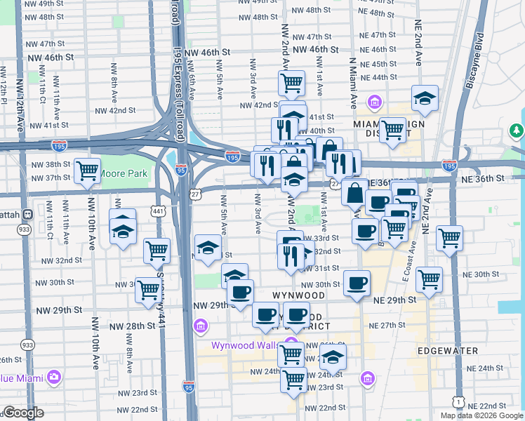 map of restaurants, bars, coffee shops, grocery stores, and more near 255 Northwest 34th Terrace in Miami