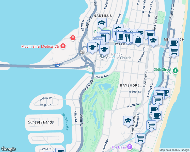 map of restaurants, bars, coffee shops, grocery stores, and more near 3200 Chase Avenue in Miami Beach