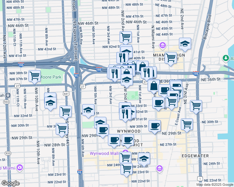 map of restaurants, bars, coffee shops, grocery stores, and more near 255 Northwest 34th Terrace in Miami