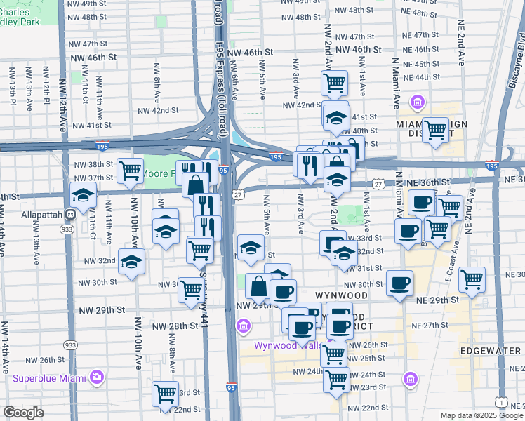 map of restaurants, bars, coffee shops, grocery stores, and more near in Miami