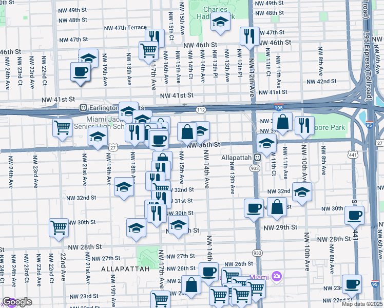 map of restaurants, bars, coffee shops, grocery stores, and more near 1481 Northwest 35th Street in Miami