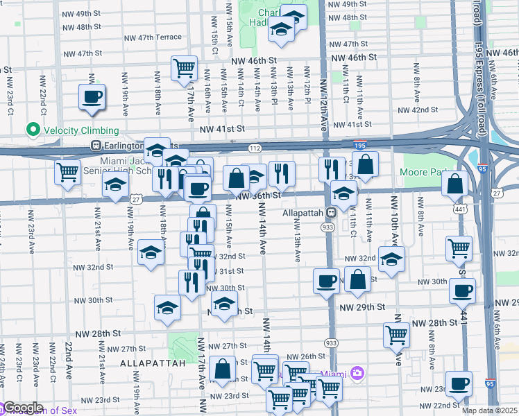 map of restaurants, bars, coffee shops, grocery stores, and more near 1405 Northwest 35th Street in Miami