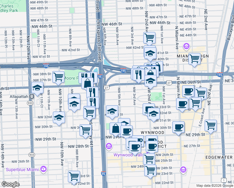 map of restaurants, bars, coffee shops, grocery stores, and more near in Miami
