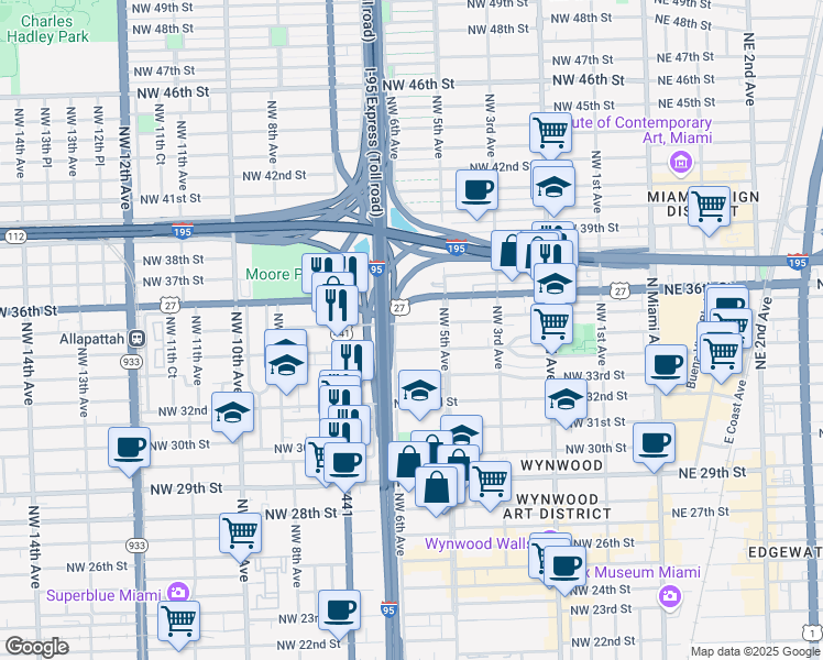 map of restaurants, bars, coffee shops, grocery stores, and more near 574 Northwest 35th Street in Miami