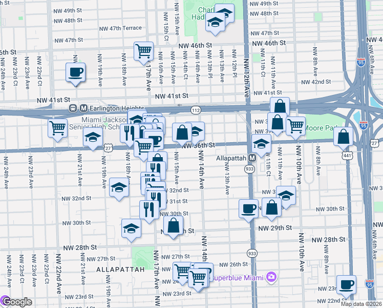 map of restaurants, bars, coffee shops, grocery stores, and more near 1405 Northwest 35th Street in Miami