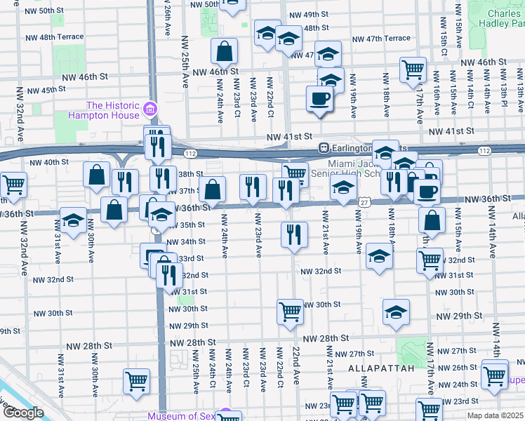 map of restaurants, bars, coffee shops, grocery stores, and more near 2284 Northwest 36th Street in Miami