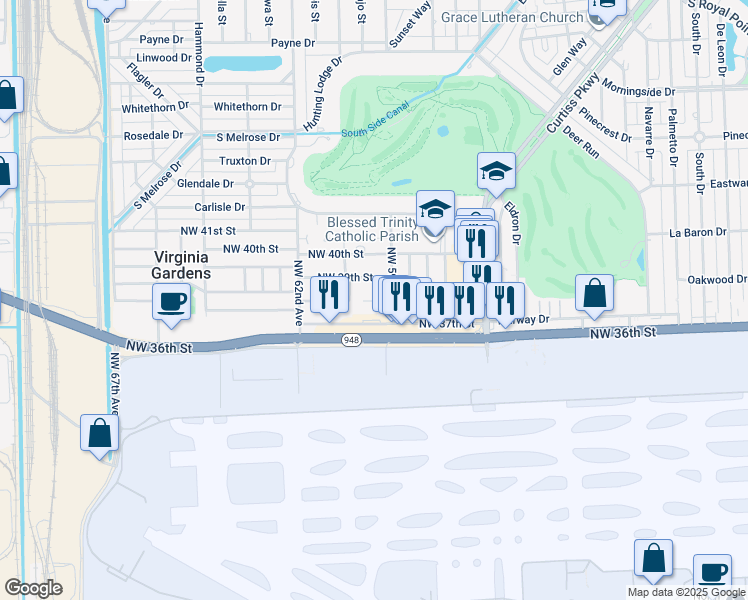 map of restaurants, bars, coffee shops, grocery stores, and more near 5915 Northwest 38th Street in Virginia Gardens