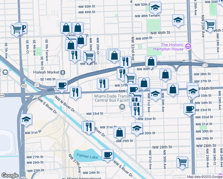 map of restaurants, bars, coffee shops, grocery stores, and more near 3401 Northwest 36th Street in Miami
