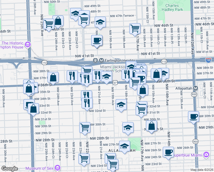map of restaurants, bars, coffee shops, grocery stores, and more near 2001 Northwest 35th Street in Miami