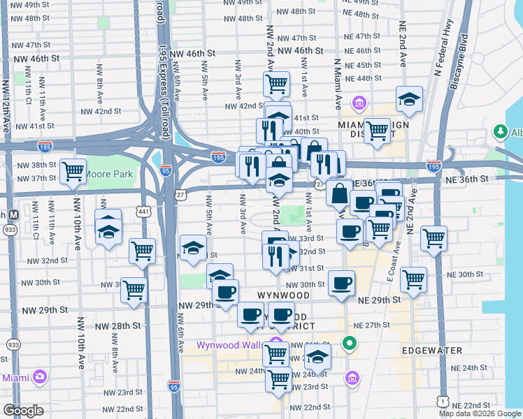 map of restaurants, bars, coffee shops, grocery stores, and more near 255 Northwest 34th Terrace in Miami