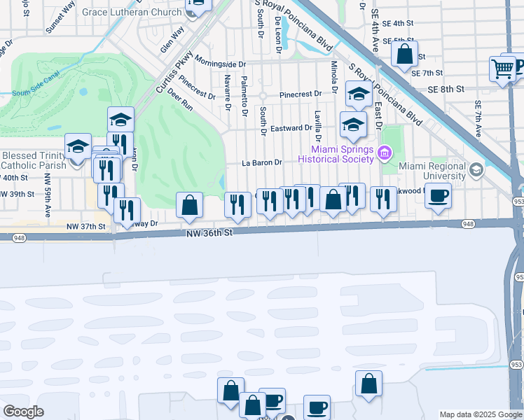 map of restaurants, bars, coffee shops, grocery stores, and more near 632 South Drive in Miami Springs