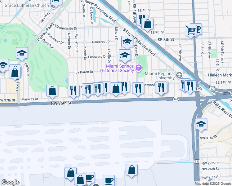 map of restaurants, bars, coffee shops, grocery stores, and more near 640 Minola Drive in Miami Springs