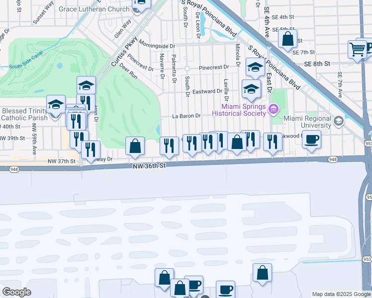 map of restaurants, bars, coffee shops, grocery stores, and more near 632 South Drive in Miami Springs