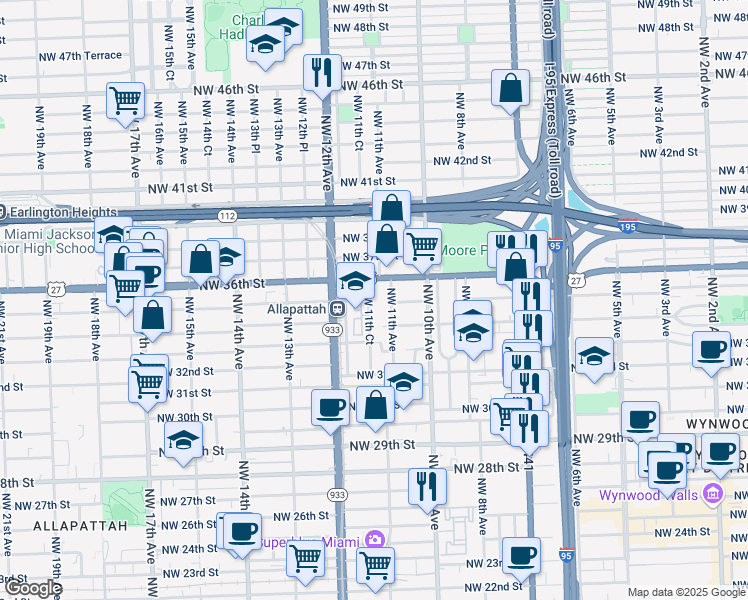 map of restaurants, bars, coffee shops, grocery stores, and more near 3497 Northwest 11th Court in Miami