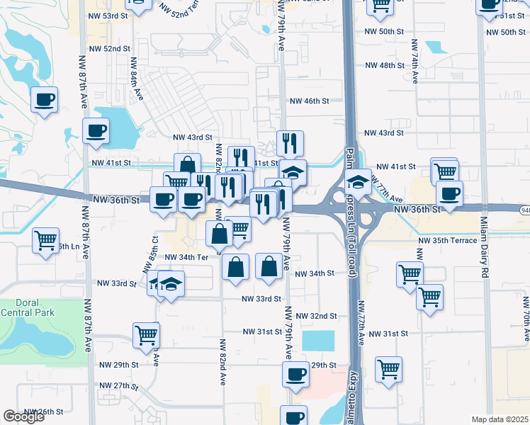 map of restaurants, bars, coffee shops, grocery stores, and more near 7970 Northwest 36th Street in Doral