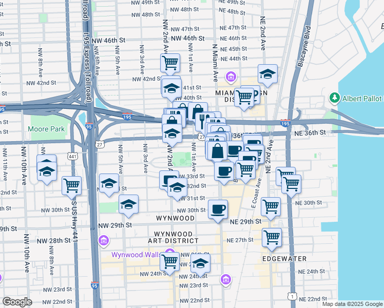 map of restaurants, bars, coffee shops, grocery stores, and more near 3446 Northwest 1st Avenue in Miami
