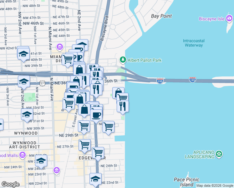 map of restaurants, bars, coffee shops, grocery stores, and more near 555 Northeast 34th Street in Miami