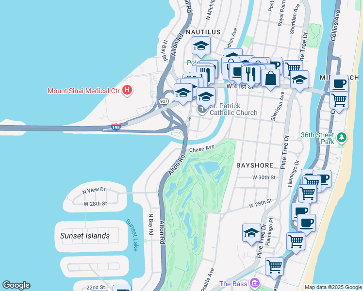 map of restaurants, bars, coffee shops, grocery stores, and more near 3200 Chase Avenue in Miami Beach