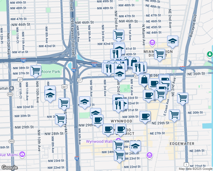 map of restaurants, bars, coffee shops, grocery stores, and more near 255 Northwest 34th Terrace in Miami