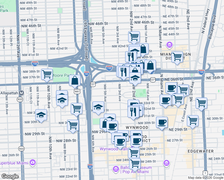 map of restaurants, bars, coffee shops, grocery stores, and more near 330 Northwest 35th Street in Miami