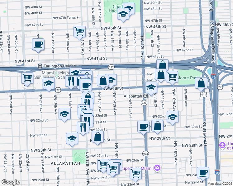 map of restaurants, bars, coffee shops, grocery stores, and more near 1405 Northwest 35th Street in Miami
