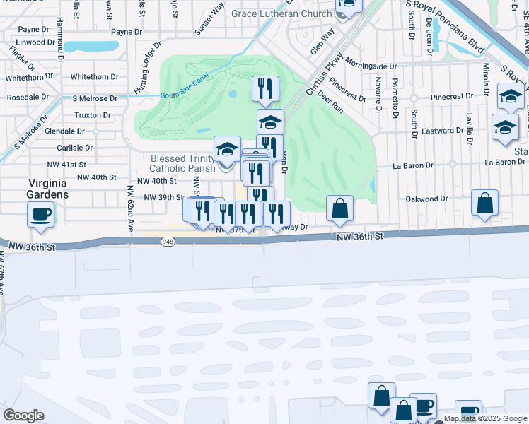 map of restaurants, bars, coffee shops, grocery stores, and more near 3959-3999 Curtiss Parkway in Miami Springs