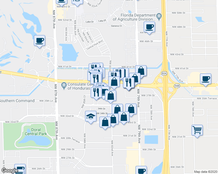 map of restaurants, bars, coffee shops, grocery stores, and more near 8200 Northwest 36th Street in Miami