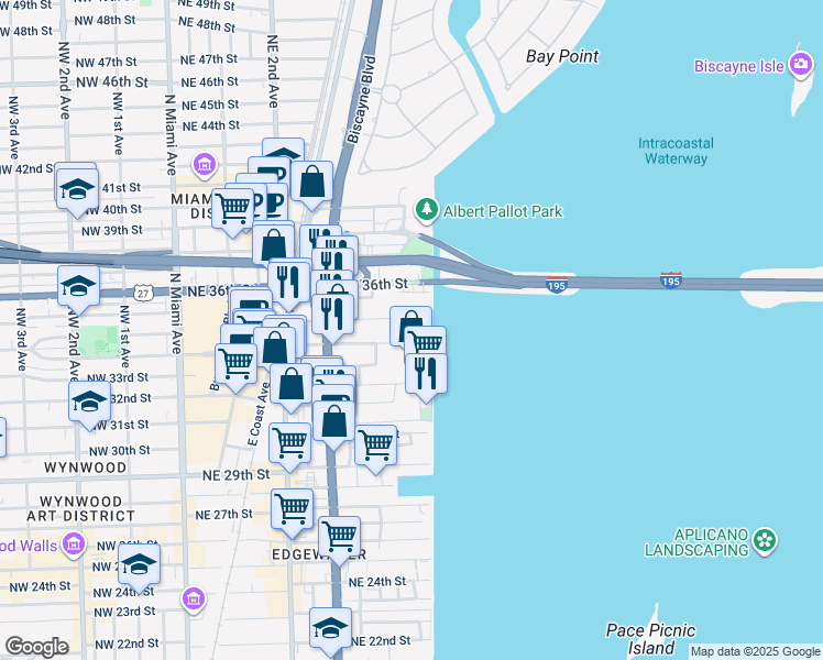 map of restaurants, bars, coffee shops, grocery stores, and more near 640 Northeast 34th Street in Miami