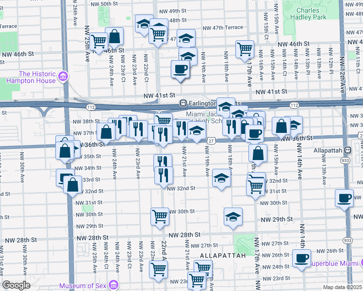 map of restaurants, bars, coffee shops, grocery stores, and more near 2120 Northwest 36th Street in Miami